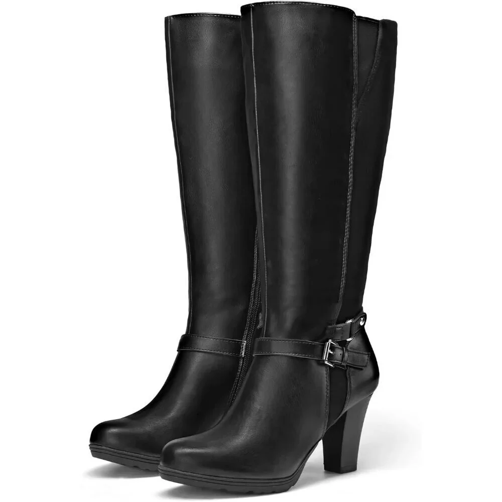 Women's Splicing Black Knee High Imported Chunky Heel Boots With Zipper Shoes - Picture 3 of 6